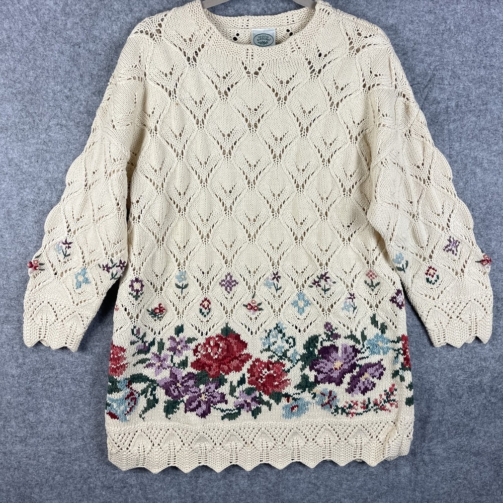 VTG Laura Ashley Sweater Womens Large Floral Knit Cottagecore Grandmacore Boho
